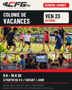 Affiche de la dernière journée de colonie CFG, vendredi 23 octobre 2026, de 9 h à 16 h 30, dès 8 € par enfant. Mise en scène illustrative.
